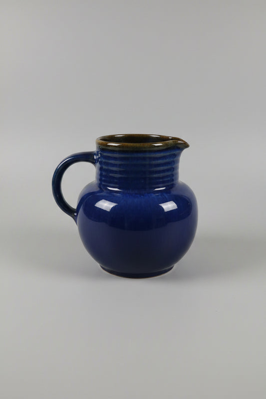 Vintage Mid-Century Cobalt Blue Ribbed Ceramic Pitcher Jug