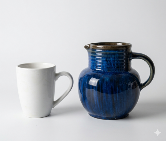 Vintage Mid-Century Cobalt Blue Ribbed Ceramic Pitcher Jug