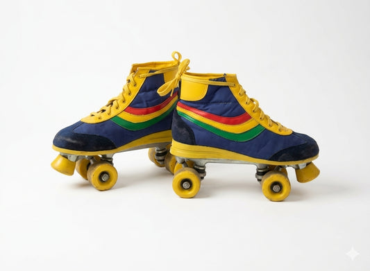 Vintage 1970s / 1980s Retro Quad Roller Skates – Classic Rainbow Striped Disco Boots (Women's Size 7)