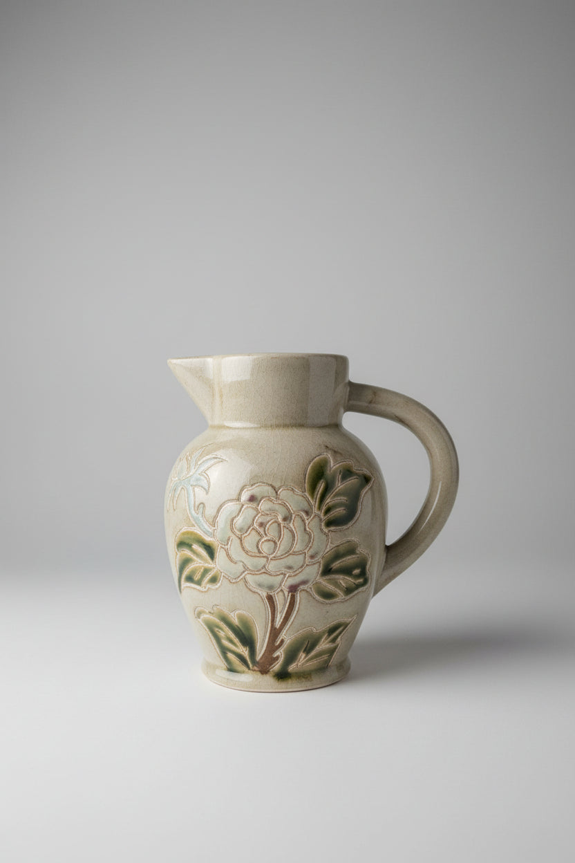 Vintage West German Ceramic Art Pottery Pitcher Jug – Green Floral Relief