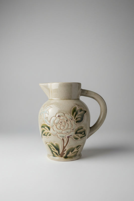 Vintage West German Ceramic Art Pottery Pitcher Jug – Green Floral Relief