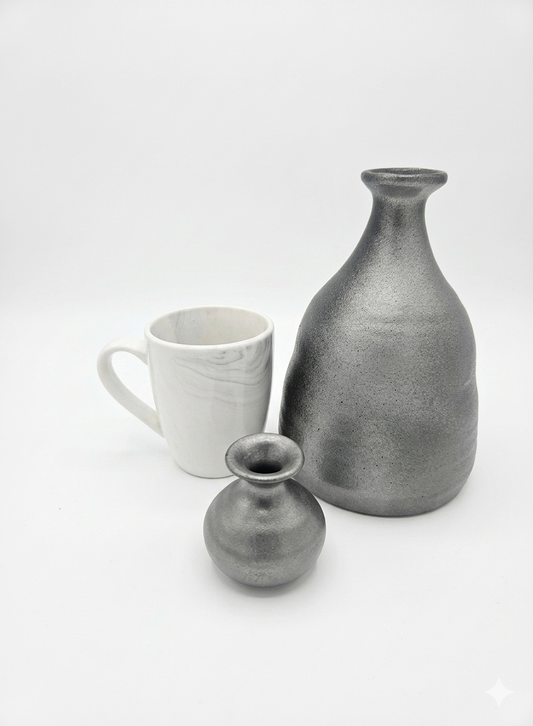 Vintage Metallic Gunmetal Ceramic Vase & Bud Vase Set – Unsigned Studio Pottery