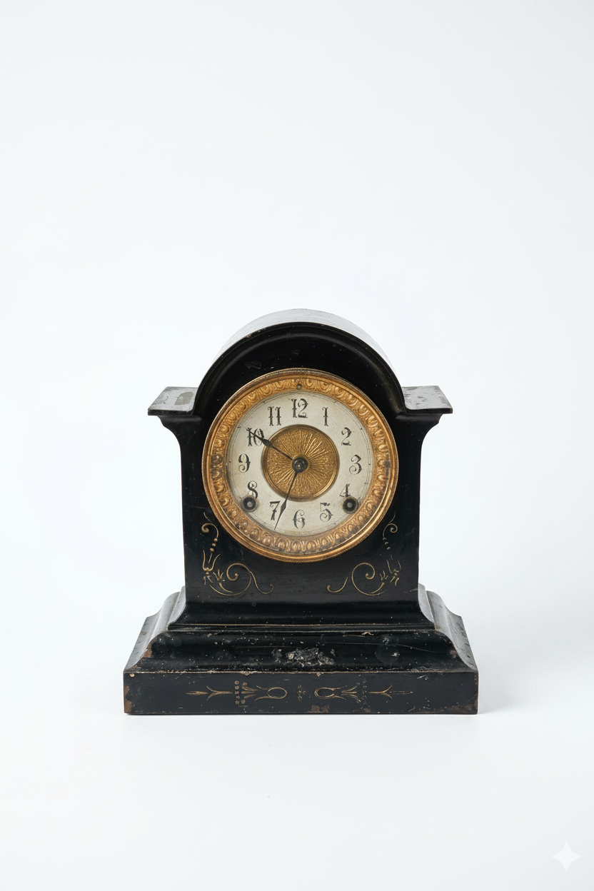 Antique Late 19th-Century Ansonia Mantel Clock – Black Cased with Gilt Detailing (Untested with Key)