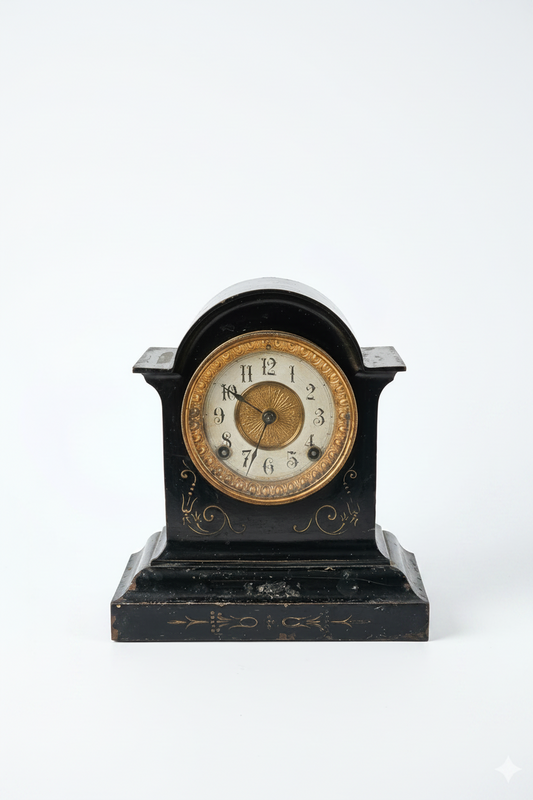 Antique Late 19th-Century Ansonia Mantel Clock – Black Cased with Gilt Detailing (tested, working) comes with original Key 🔑