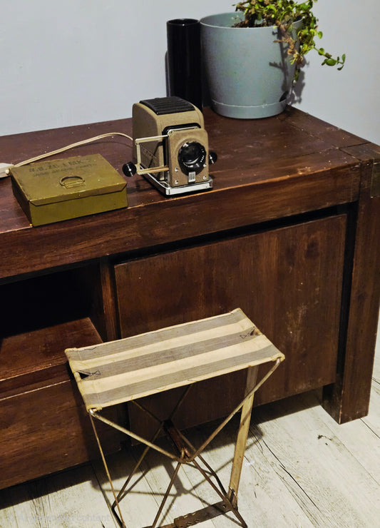 Vintage 1950s Lucky Tiny 35mm Slide Projector, WWII Military Tin, & Folding Stool Set