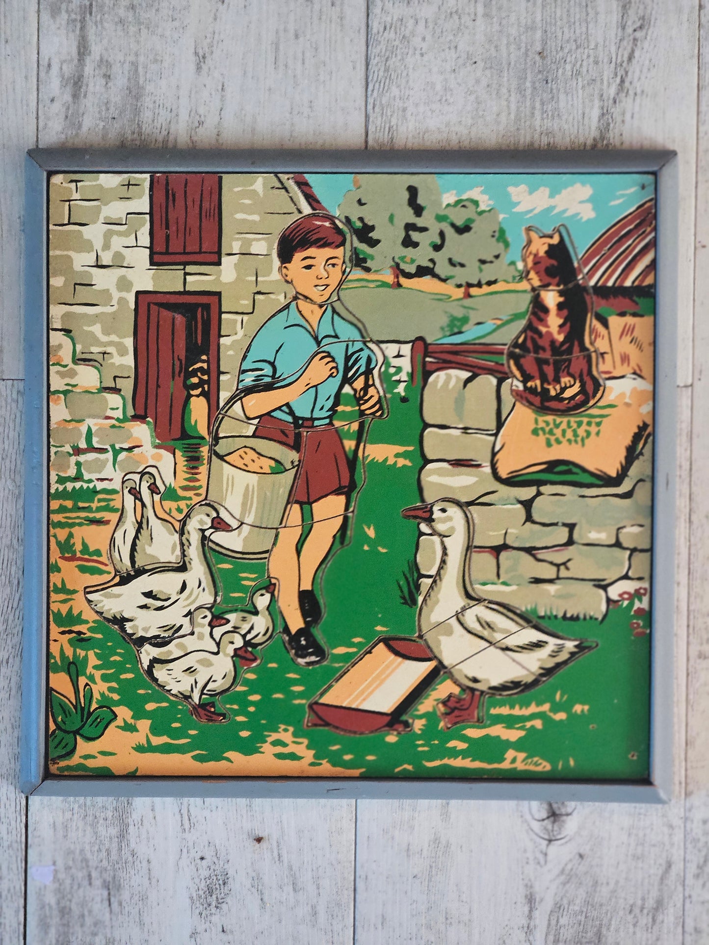 Vintage Mid-Century Frame-Tray Wooden Jigsaw Puzzle: "Feeding the Ducks and Geese on the Farm"