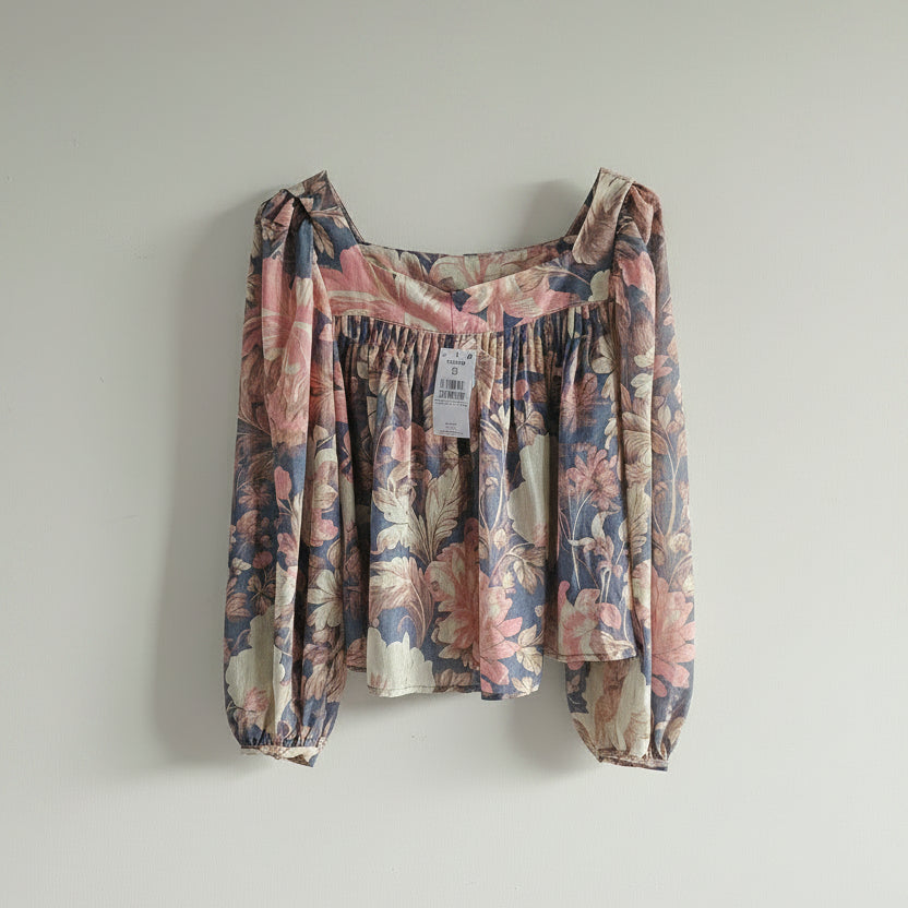 Light Pink Vintage Floral Print Square Neck Blouse