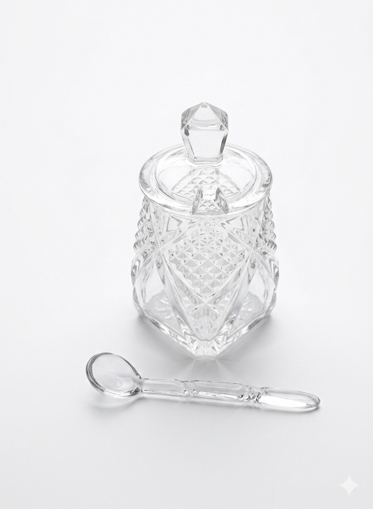 Vintage Diamond-Cut Glass Condiment Pot, Jam Jar, or Salt Cellar with Lid and Glass Spoon
