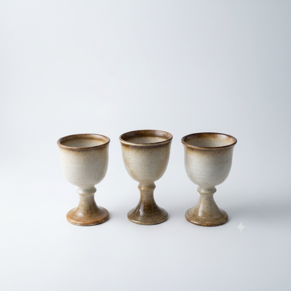 Vintage Studio Pottery Stoneware Goblets – Set of 3 Speckled Oatmeal & Toasted Brown