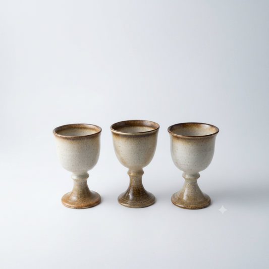Vintage Studio Pottery Stoneware Goblets – Set of 3 Speckled Oatmeal & Toasted Brown